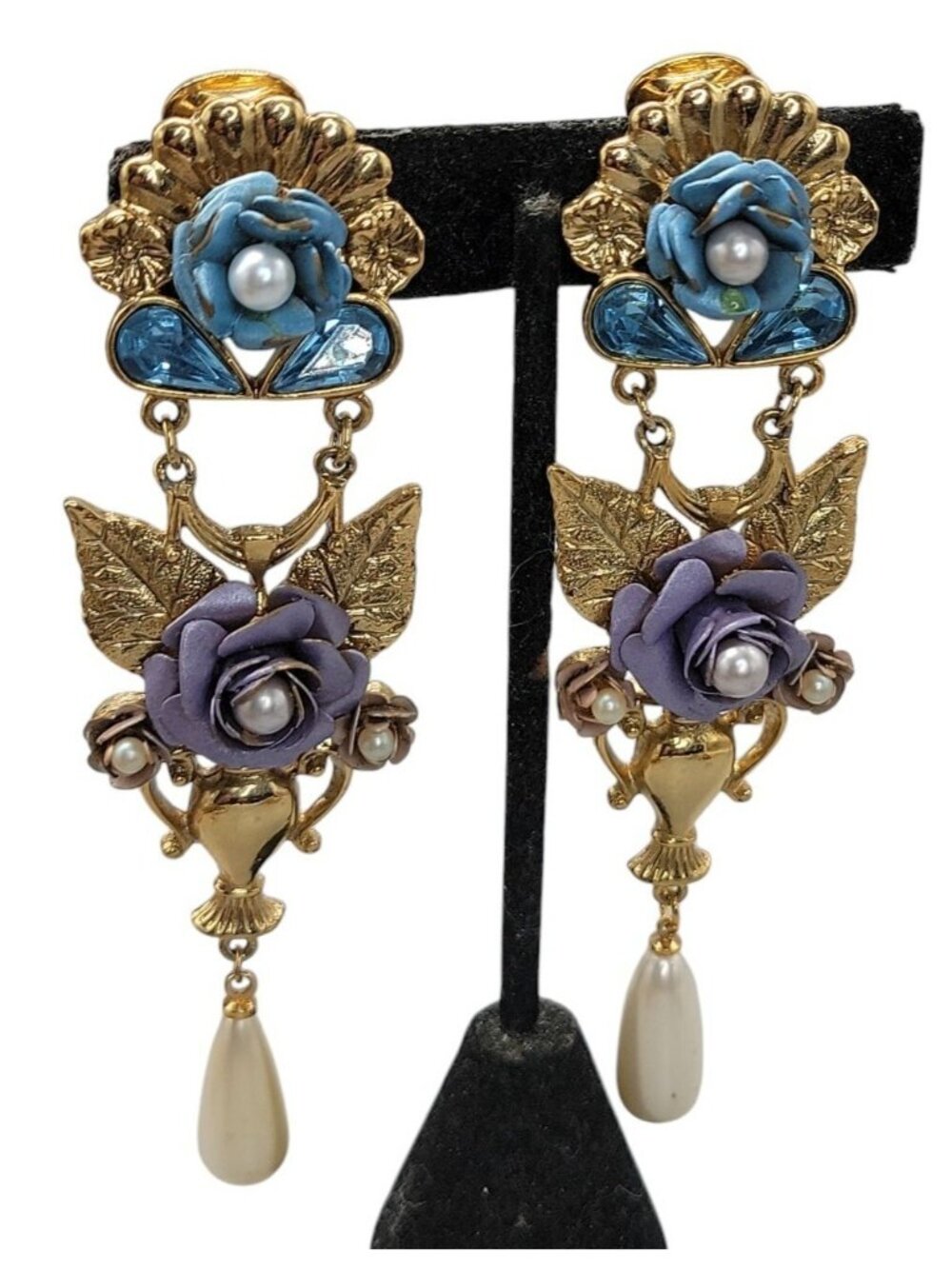 1928 Floral Dangling Statement Earrings Gold Plated Faux Pearl Rhinestones VTG - Picture 2 of 16